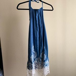 Open back Denim Print dress with lace detail